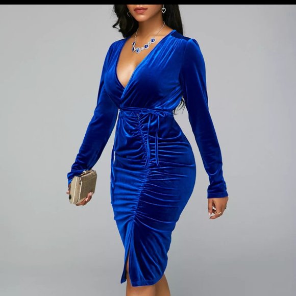 VELVET  V NECK HOLLOW OUT SEXY BODYCON CLOTHES NIGHT EVENING CLUB PARTY DRESS - Picture 1 of 6